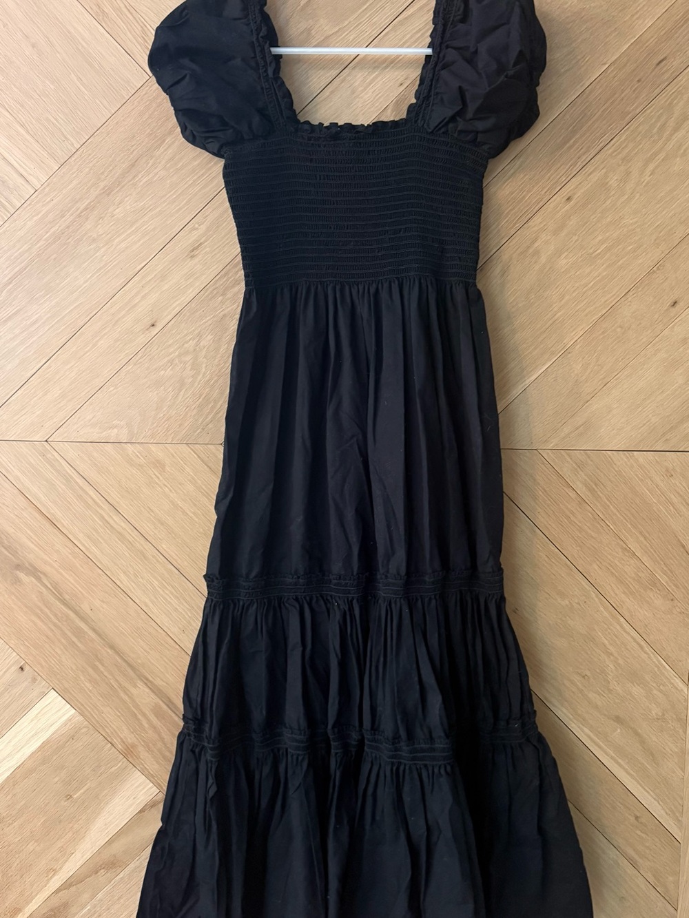 Black Smocked Maxi Dress with Puff Sleeves